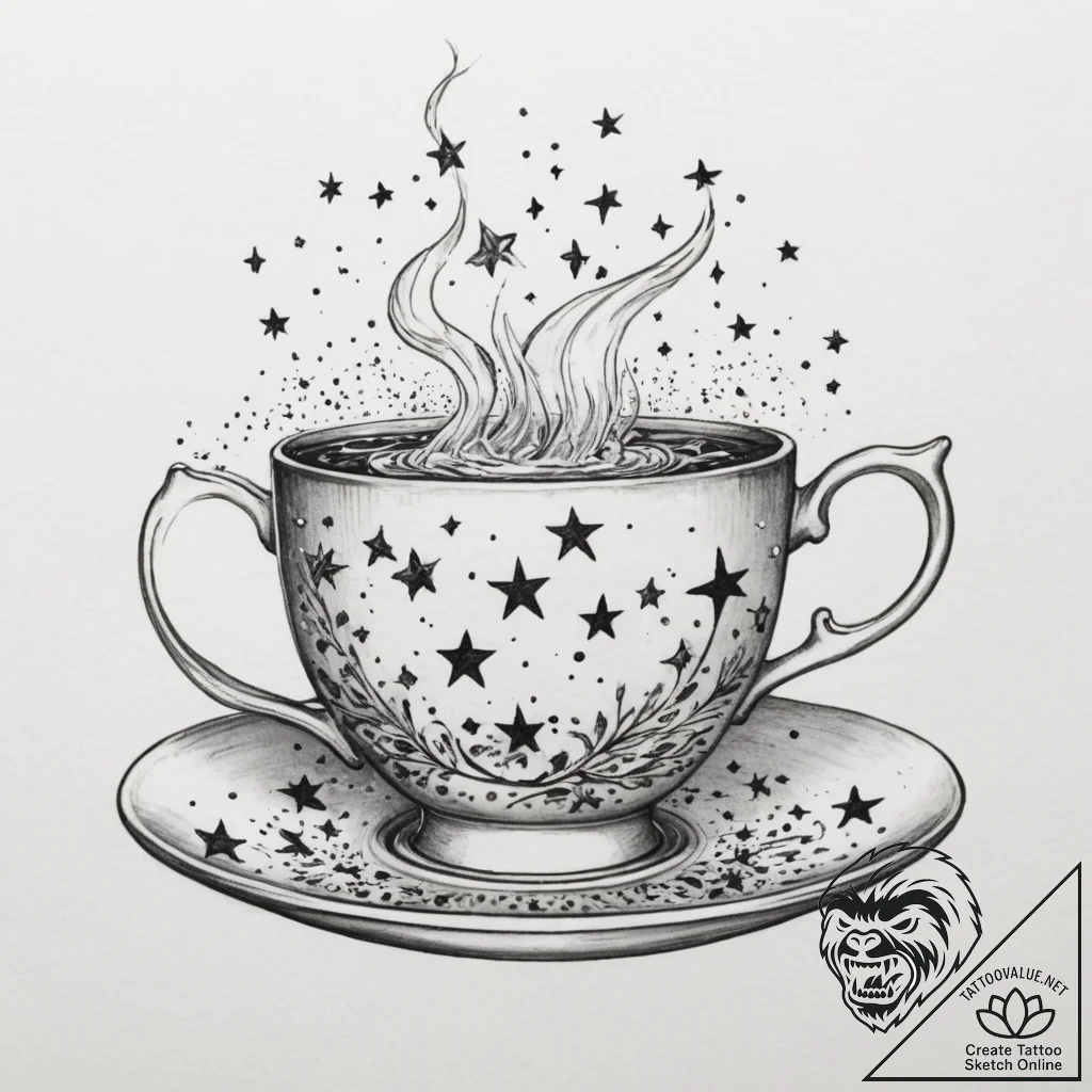 Tattoo sketch a teacup overflowing with a sta... - tattoo sketch (№1755332622_0, 16.08.2025 08:23) — tattoovalue.net