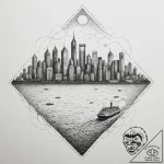 A ferry crossing a body of water with a city… – tattoo sketch (№1755332820_0, 16.08.2025 08:27) — tattoovalue.net