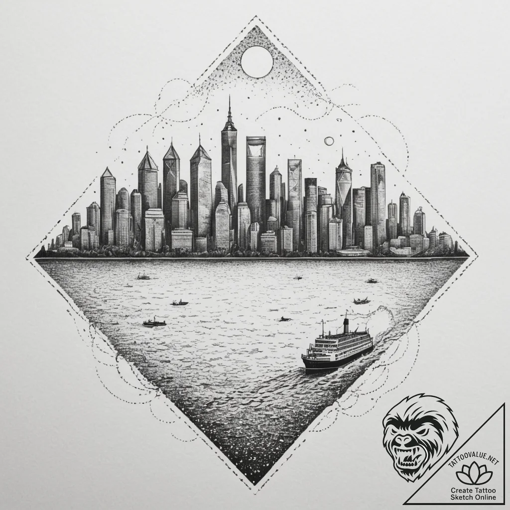 A ferry crossing a body of water with a city... - tattoo sketch (№1755332820_0, 16.08.2025 08:27) — tattoovalue.net