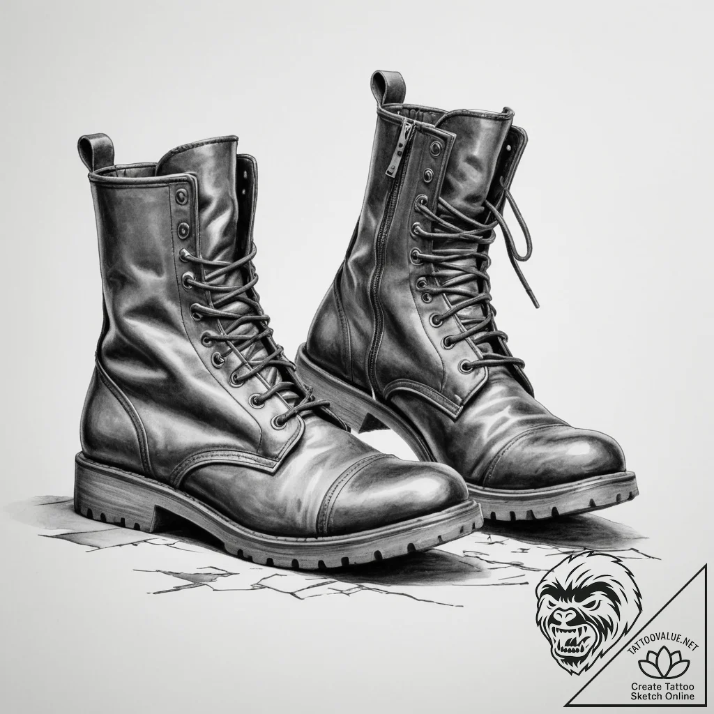 Tattoo design a pair of combat boots, scuffed... - tattoo sketch (№1755334228_0, 16.08.2025 08:50) — tattoovalue.net