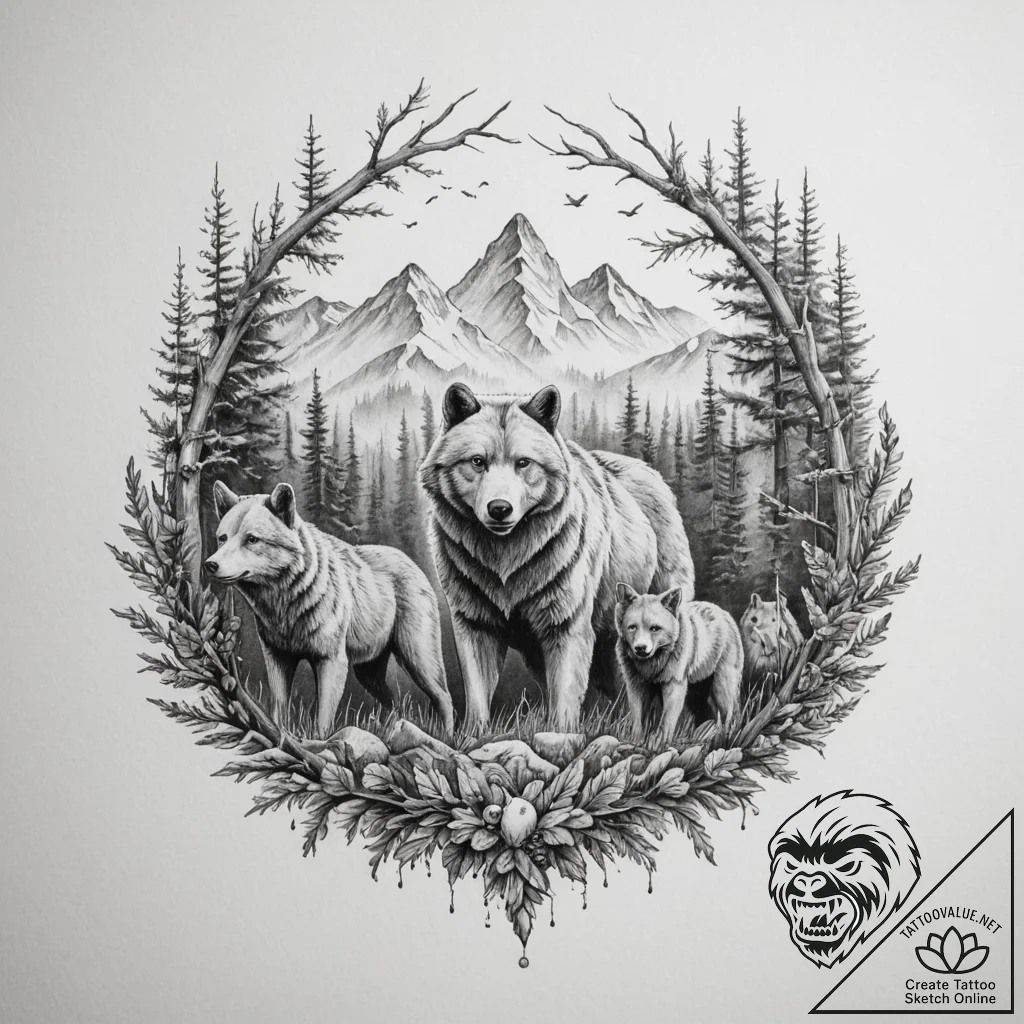 Tattoo design a family of animals (e.g., bear... - tattoo sketch (№1755337043_0, 16.08.2025 09:37) — tattoovalue.net