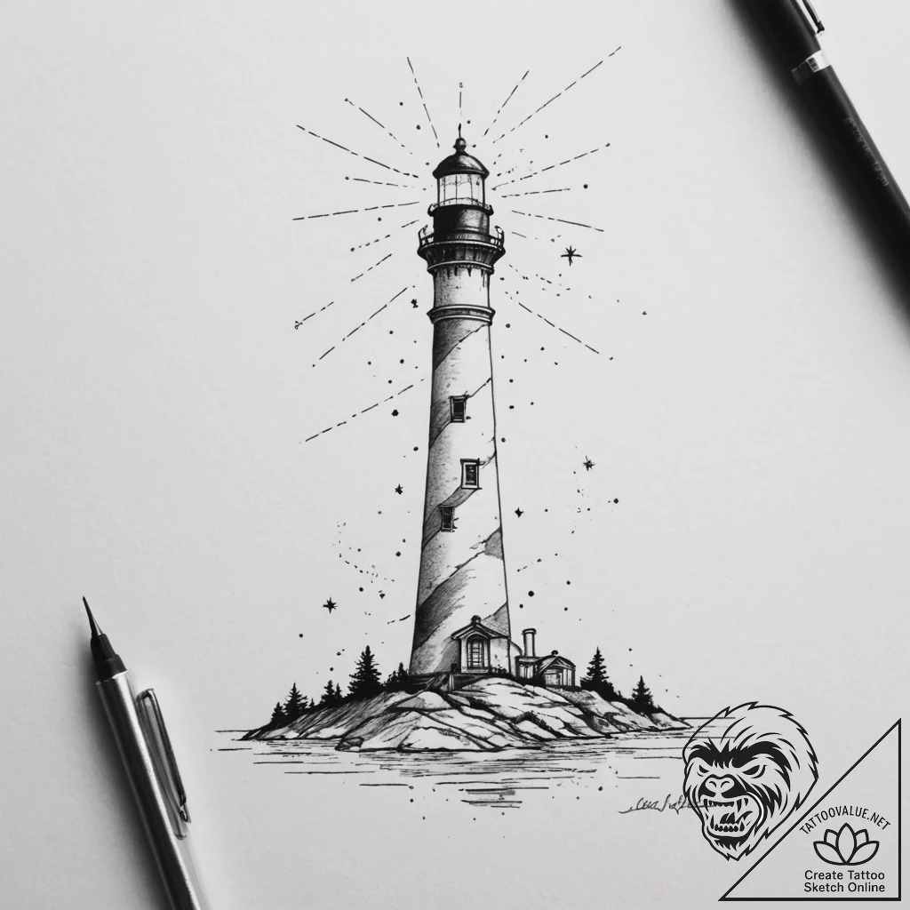 Lighthouse beam revealing constellations, tat... - tattoo sketch (№1755337650_0, 16.08.2025 09:47) — tattoovalue.net