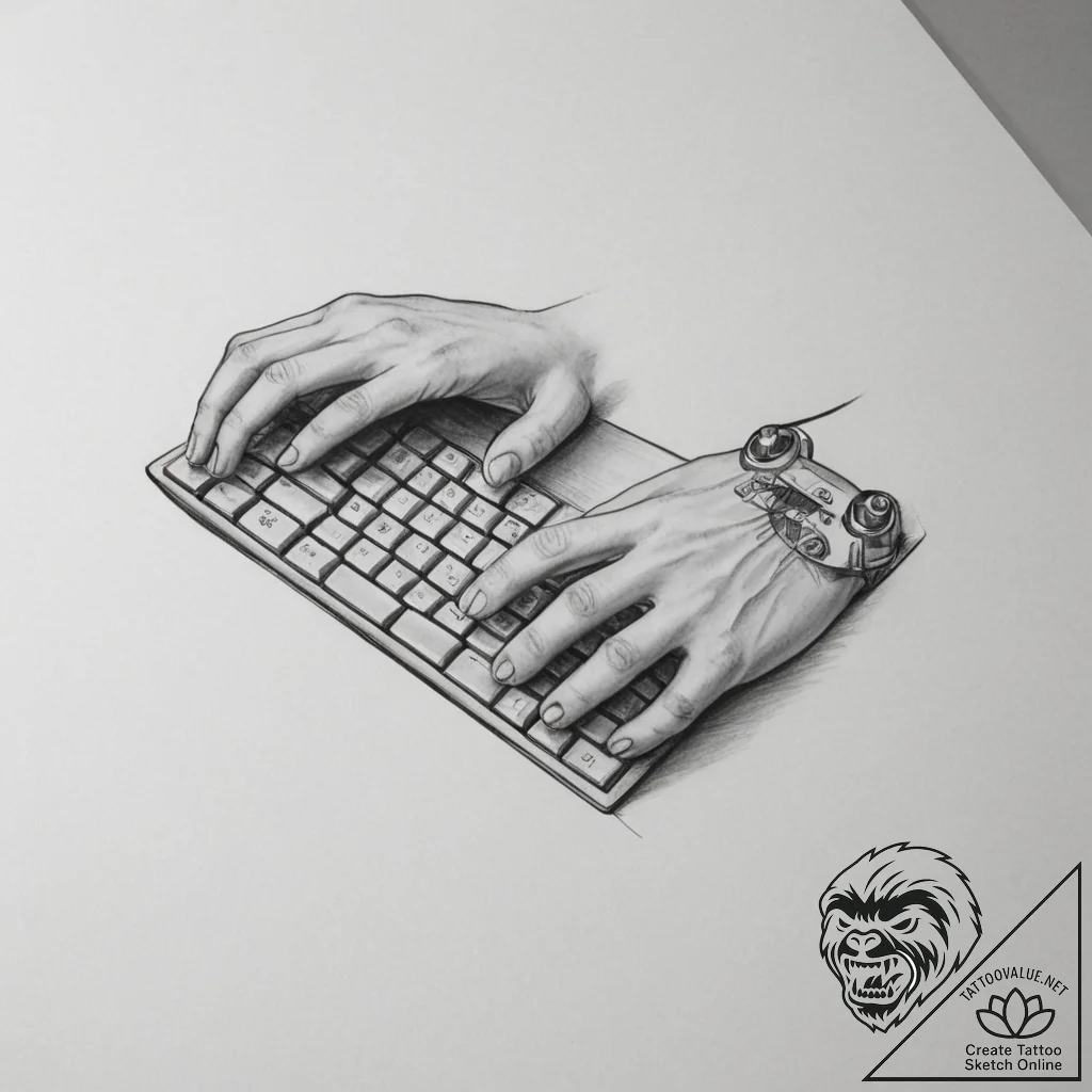 Tattoo sketch a gamer's hands on a keyboard a... - tattoo sketch (№1755339460_0, 16.08.2025 10:17) — tattoovalue.net
