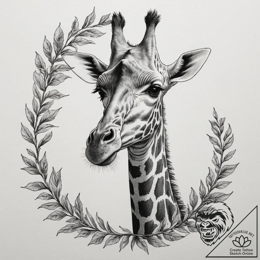 A giraffe gracefully eating leaves from a tal... - tattoo sketch (№1755340463_0, 16.08.2025 10:34) — tattoovalue.net