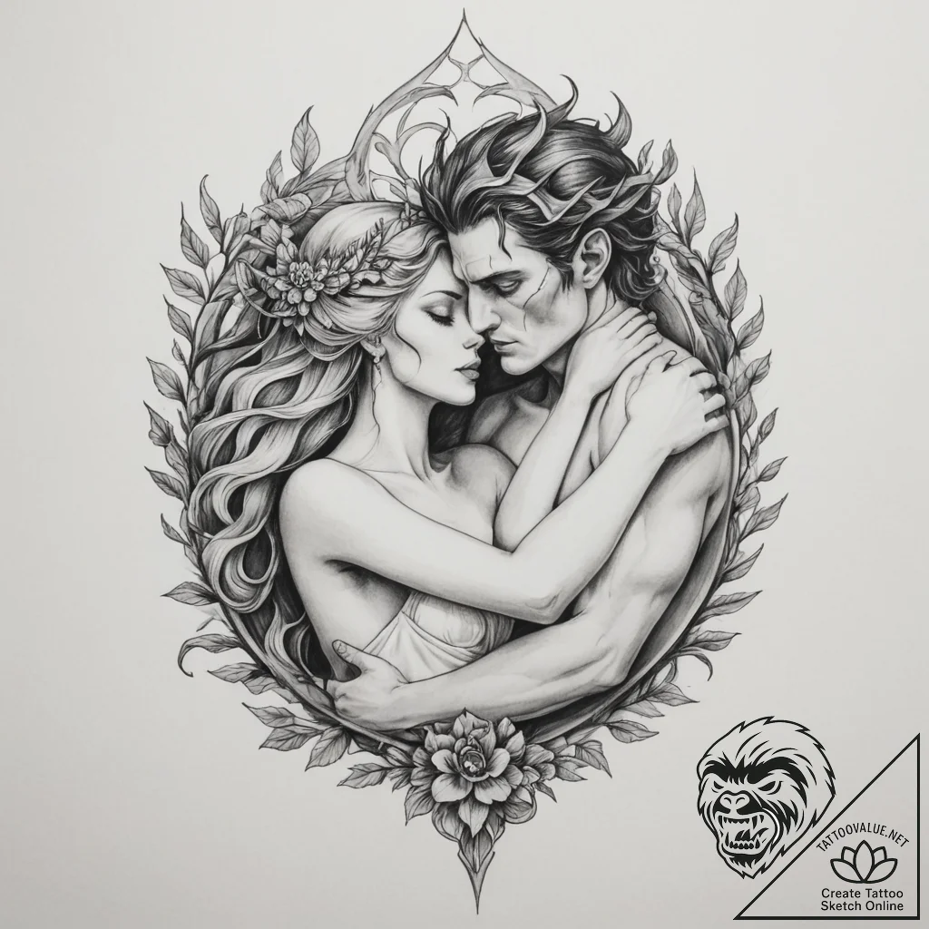 Hades and persephone's embrace - tattoo sketch (№1755342059_0, 16.08.2025 11:00) — tattoovalue.net