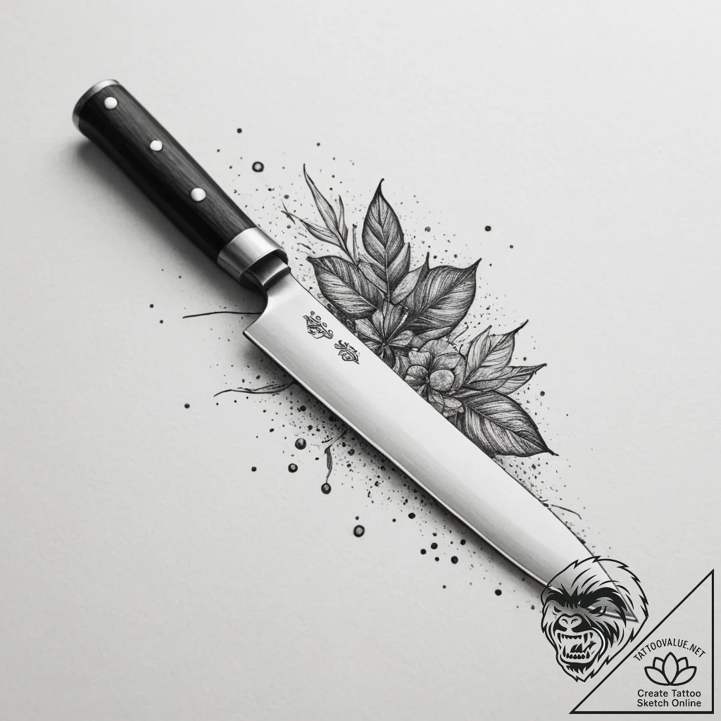 A close-up of a chef's knife, reflecting the... - tattoo sketch (№1755343074_0, 16.08.2025 11:17) — tattoovalue.net