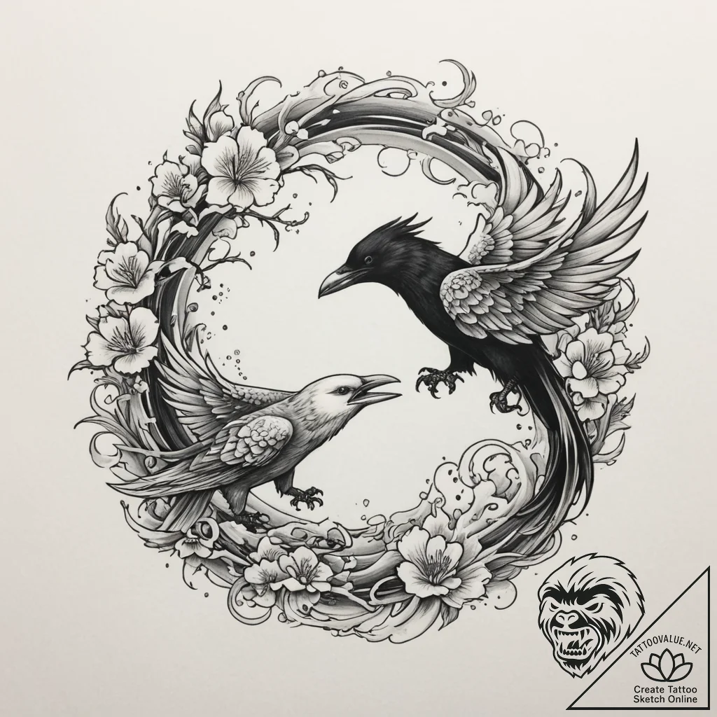 Huginn and muninn (odin's ravens), ink illust... - tattoo sketch (№1755343675_0, 16.08.2025 11:27) — tattoovalue.net