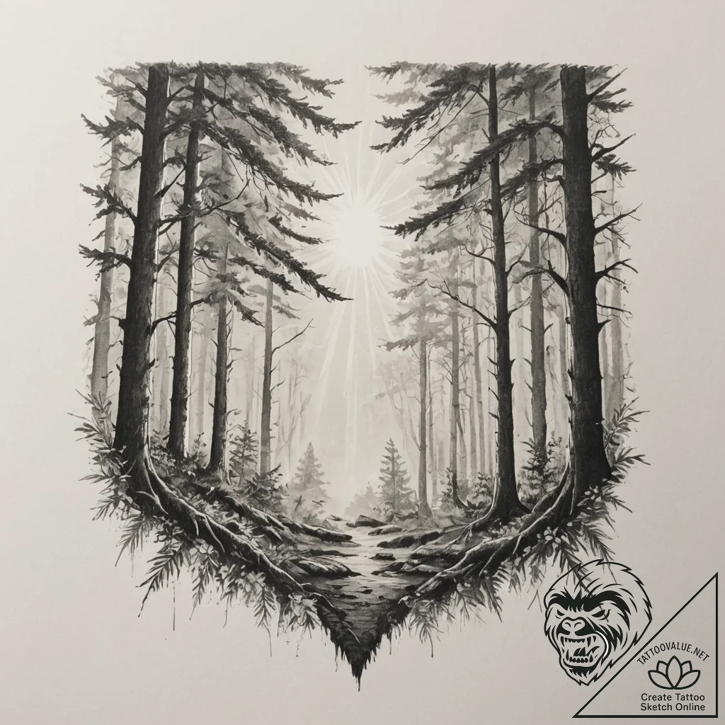 A sunbeam piercing through the canopy of a de... - tattoo sketch (№1755344479_0, 16.08.2025 11:41) — tattoovalue.net