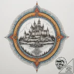 Tattoo design a medieval village with a castl… – tattoo sketch (№1755345680_0, 16.08.2025 12:01) — tattoovalue.net
