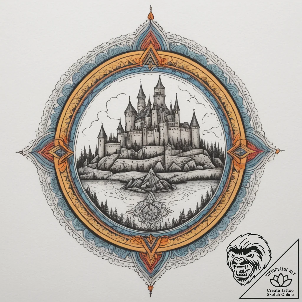 Tattoo design a medieval village with a castl... - tattoo sketch (№1755345680_0, 16.08.2025 12:01) — tattoovalue.net