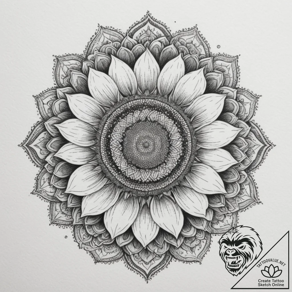 Sunflower, ink illustration for tattoo, dotwo... - tattoo sketch (№1755346483_0, 16.08.2025 12:14) — tattoovalue.net