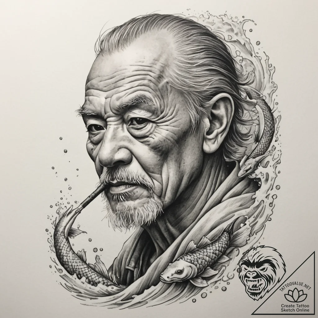 A hyperrealistic portrait of an elderly fishe... - tattoo sketch (№1755346886_0, 16.08.2025 12:21) — tattoovalue.net