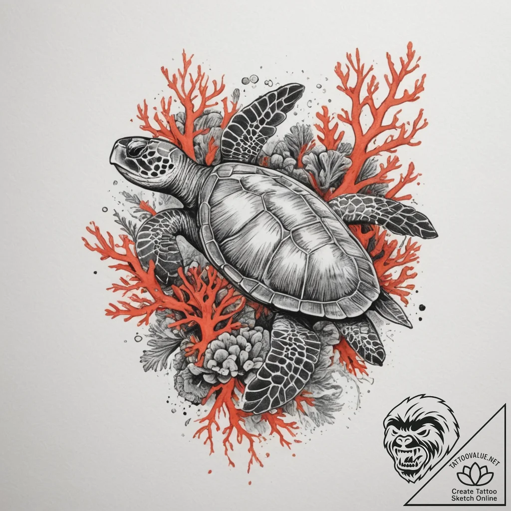 A sea turtle gracefully swimming over a vibra... - tattoo sketch (№1755349699_0, 16.08.2025 13:08) — tattoovalue.net