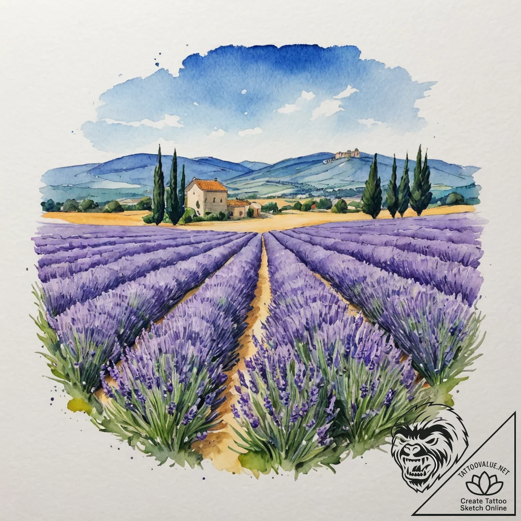 A field of brilliant purple lavender in prove... - tattoo sketch (№1755352504_0, 16.08.2025 13:55) — tattoovalue.net