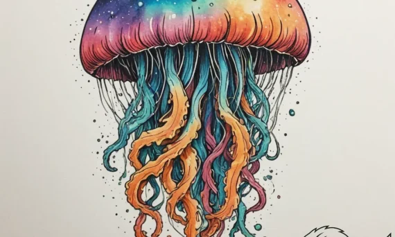 Jellyfish with tentacles made of cosmic nebul... - tattoo sketch (№1755355702_0, 16.08.2025 14:48) — tattoovalue.net