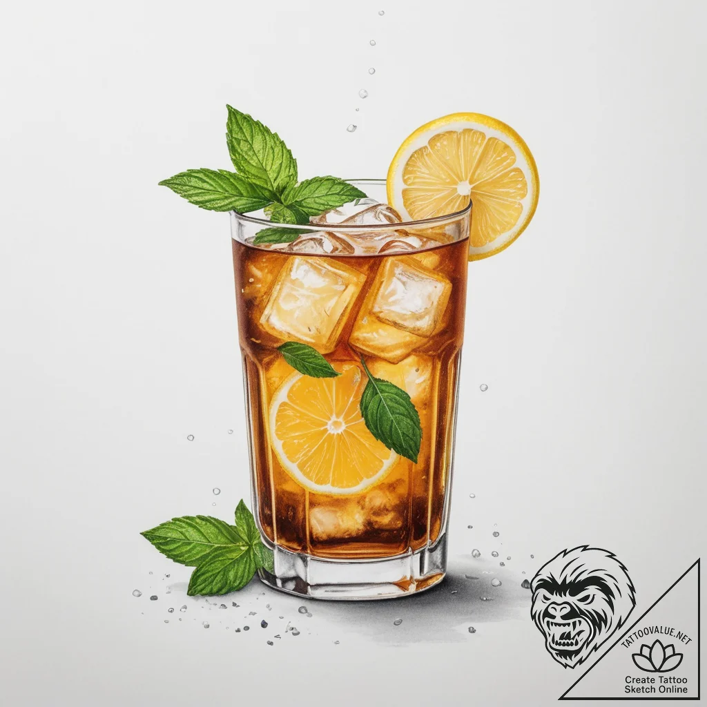A glass of iced tea with lemon and mint, cond... - tattoo sketch (№1755358701_0, 16.08.2025 15:38) — tattoovalue.net