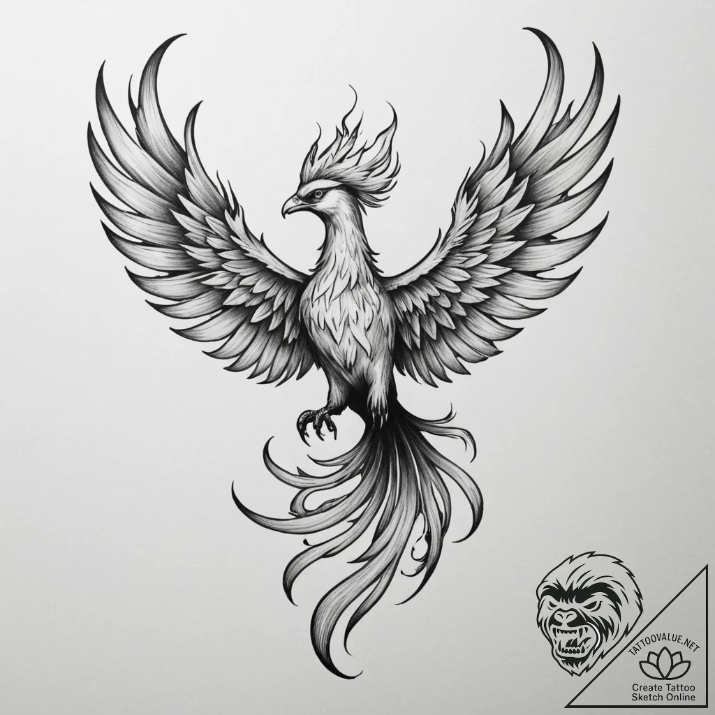 Tattoo design a phoenix, majestically flying... - tattoo sketch (№1755362318_0, 16.08.2025 16:38) — tattoovalue.net