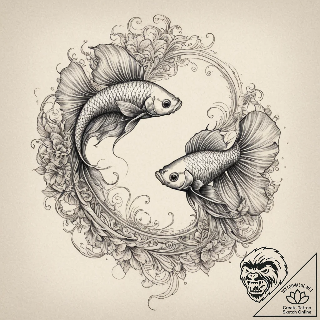 Two fighting fish (siamese fighting fish), ar... - tattoo sketch (№1755370020_0, 16.08.2025 18:47) — tattoovalue.net