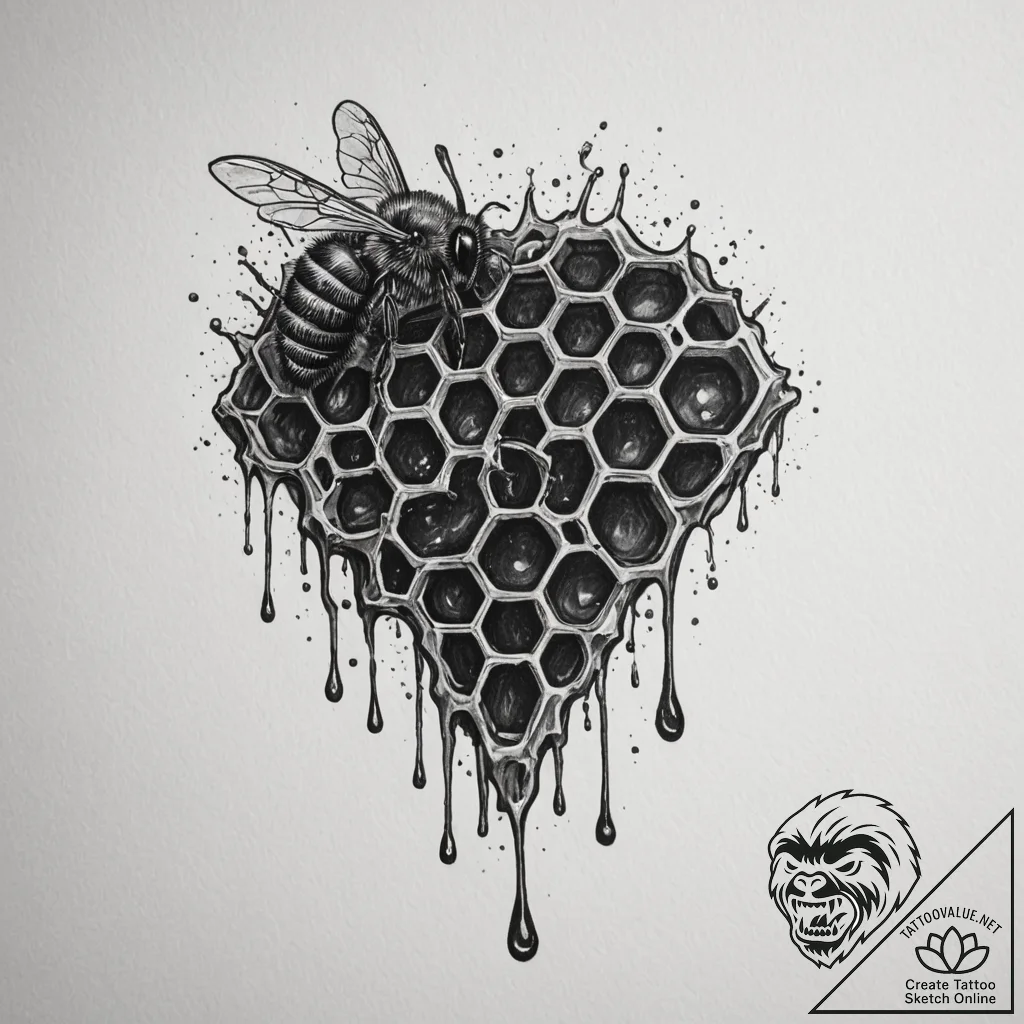 A close-up of a fresh piece of honeycomb, dri... - tattoo sketch (№1755370621_0, 16.08.2025 18:57) — tattoovalue.net