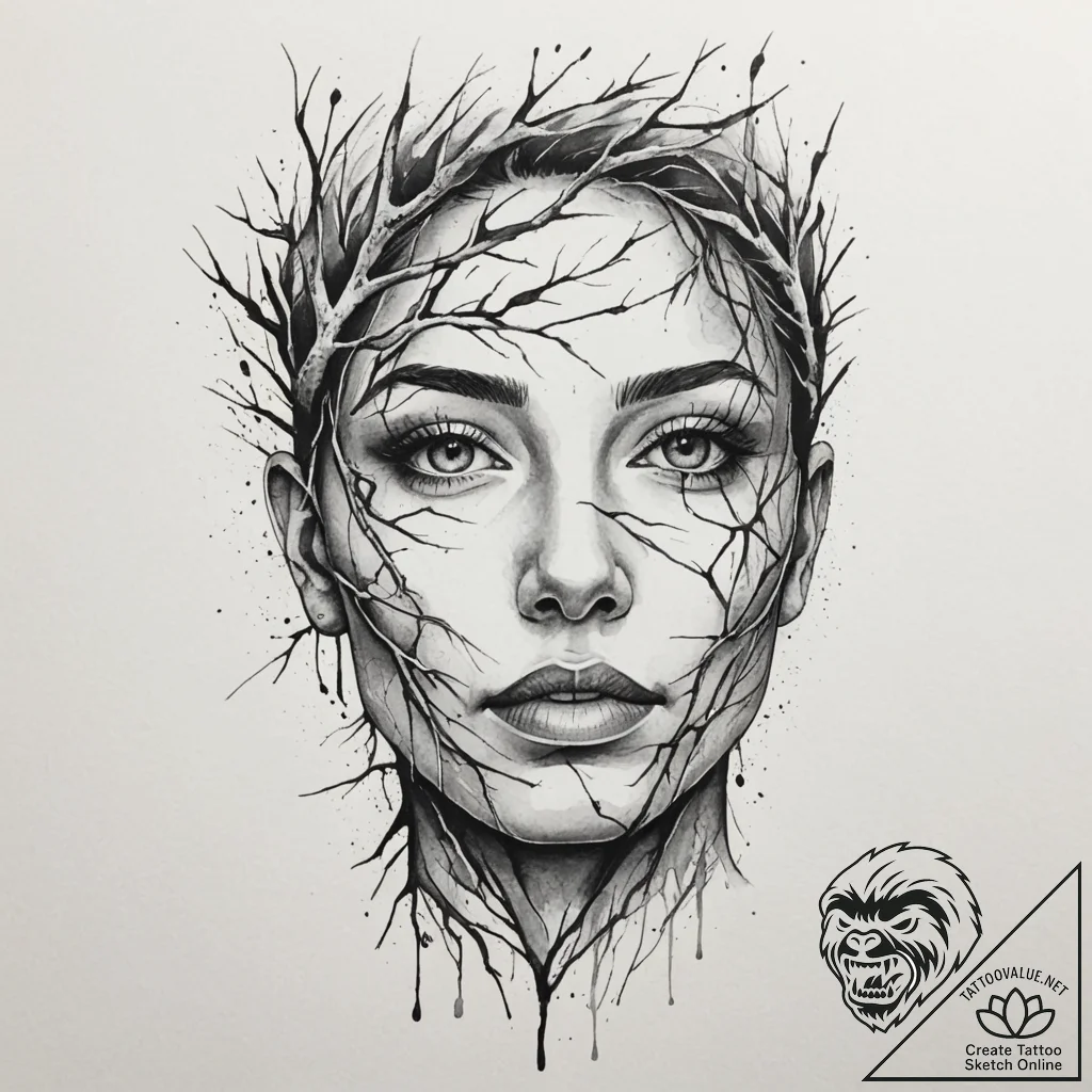 A human face made from interwoven tree branch... - tattoo sketch (№1755372999_0, 16.08.2025 19:36) — tattoovalue.net