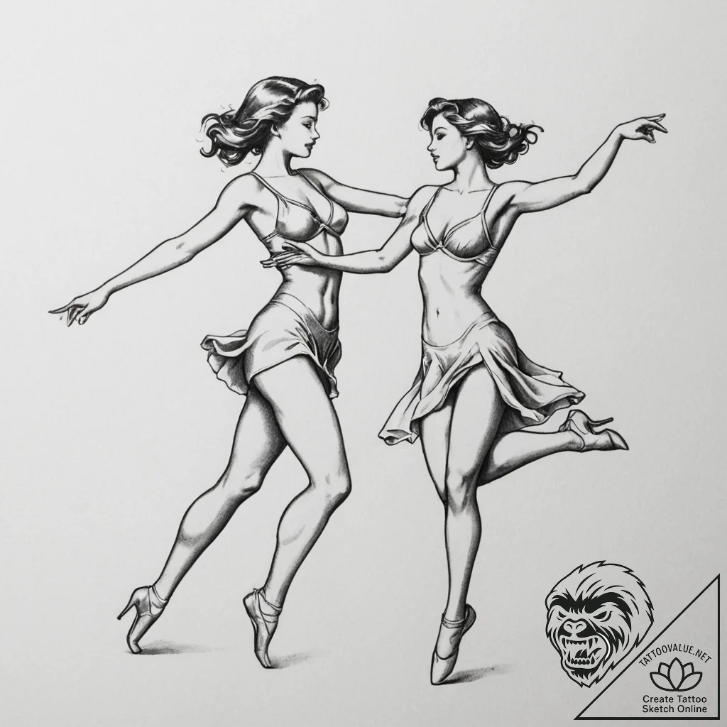 Tattoo design a pair of dancing figures in a... - tattoo sketch (№1755376365_0, 16.08.2025 20:32) — tattoovalue.net