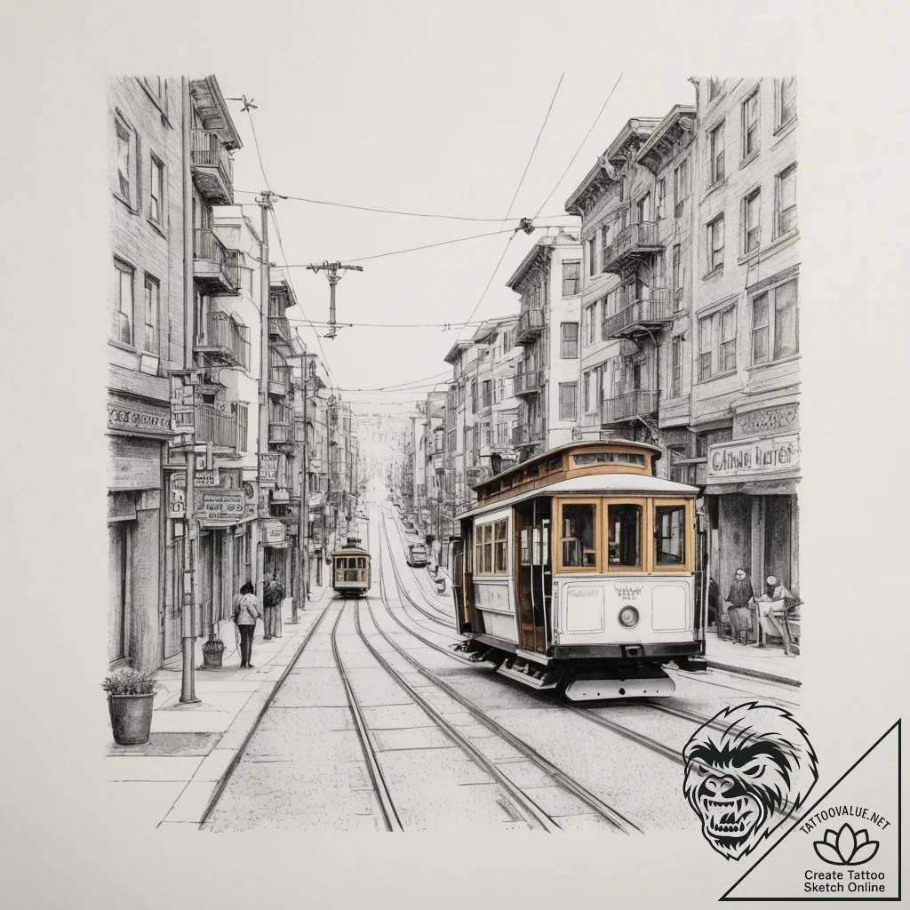 A street-level view of the iconic cable cars... - tattoo sketch (№1755379372_0, 16.08.2025 21:22) — tattoovalue.net