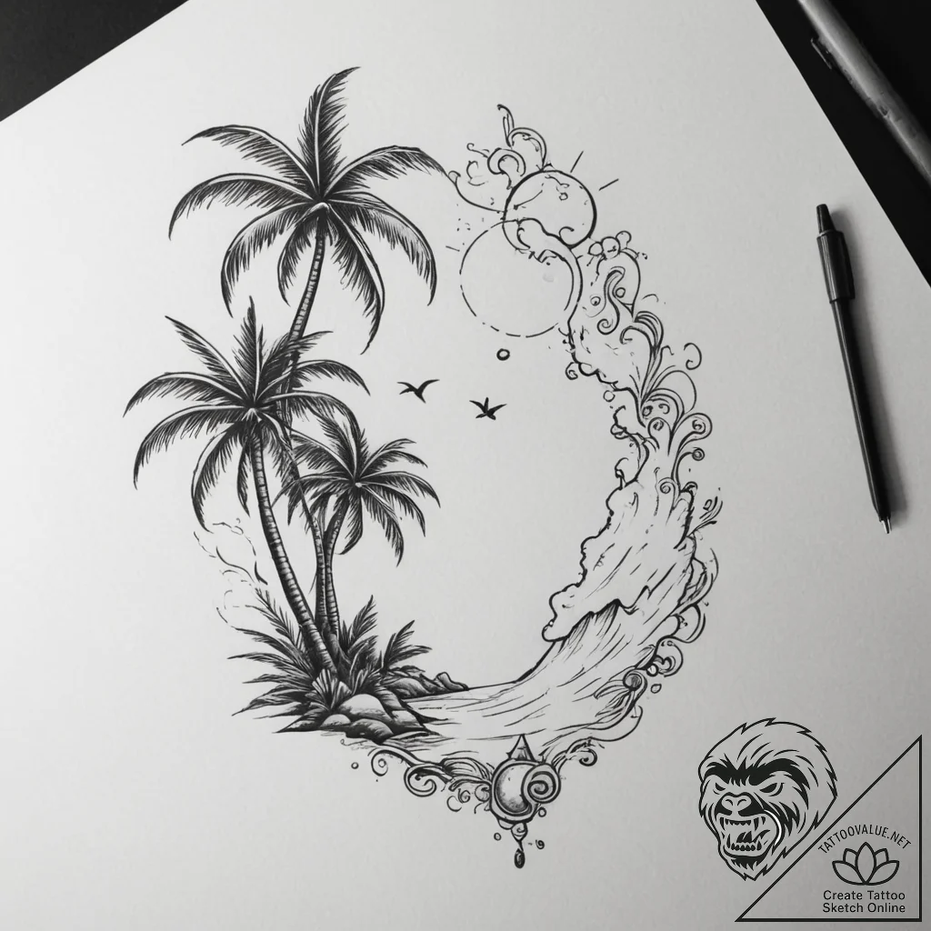 Tattoo design a tropical island with palm tre... - tattoo sketch (№1755380371_0, 16.08.2025 21:39) — tattoovalue.net