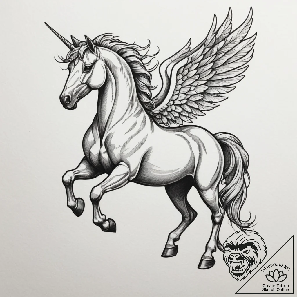 Pegasus, ink illustration for tattoo, muted c... - tattoo sketch (№1755382968_0, 16.08.2025 22:22) — tattoovalue.net