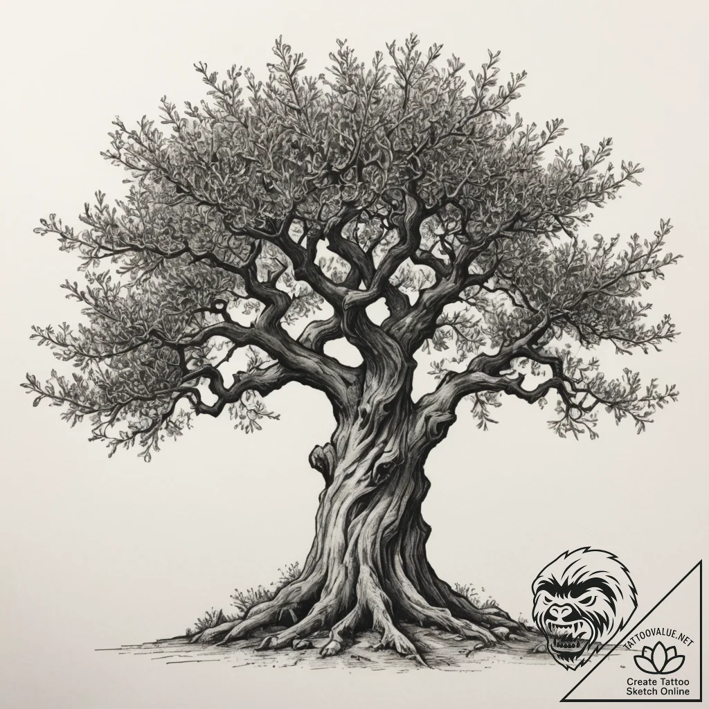 An old, gnarled olive tree in a grove in gree... - tattoo sketch (№1755385741_0, 16.08.2025 23:09) — tattoovalue.net