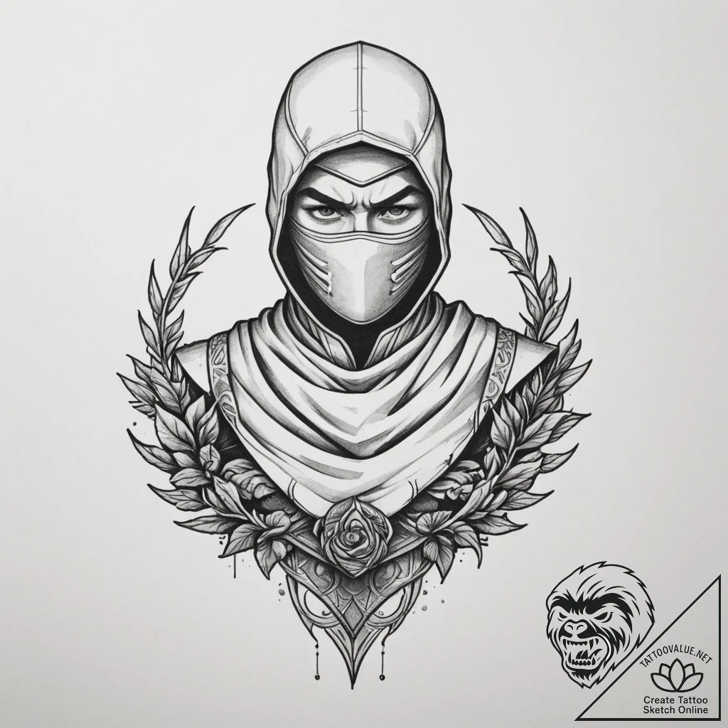 Ninja, concept art for tattoo, on a clean whi... - tattoo sketch (№1755385939_0, 16.08.2025 23:12) — tattoovalue.net
