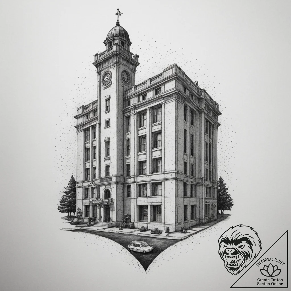 The stark, brutalist architecture of a govern... - tattoo sketch (№1755387917_0, 16.08.2025 23:45) — tattoovalue.net