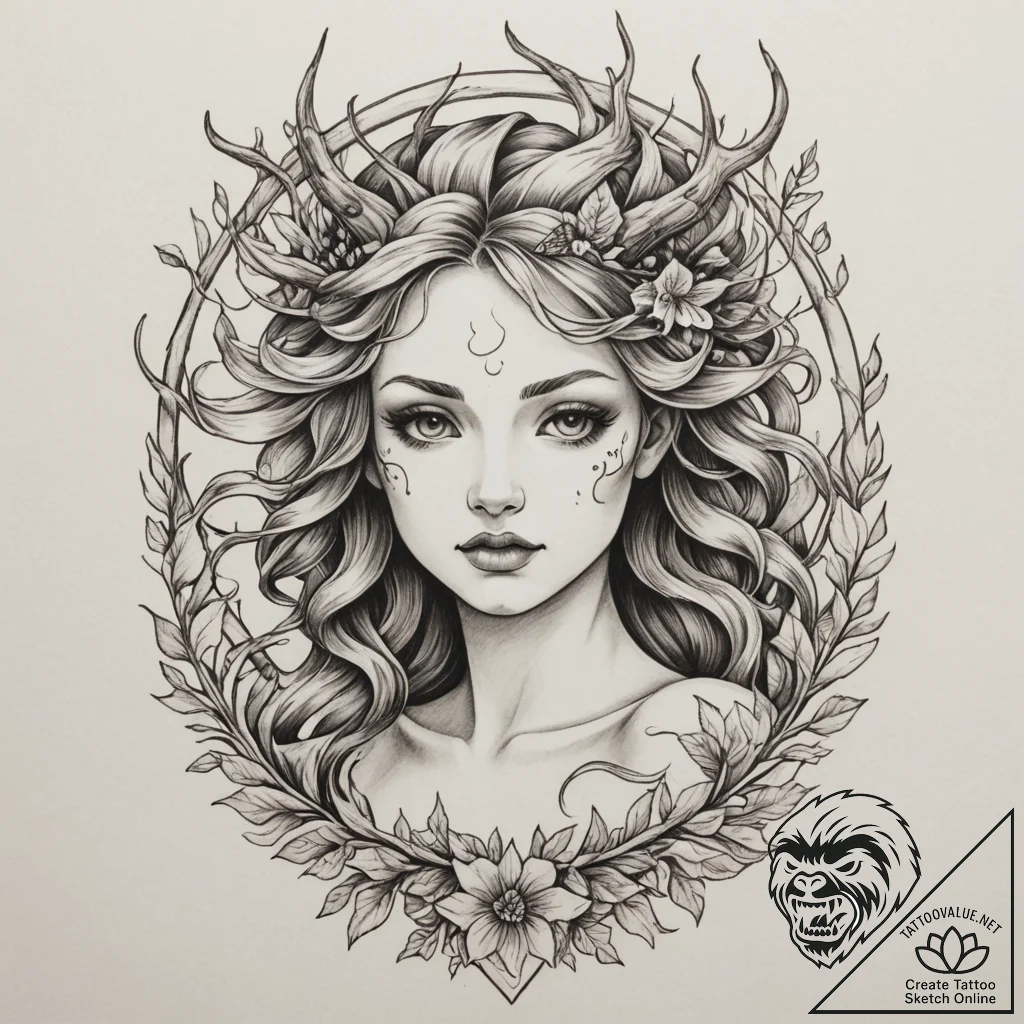 Dryad or tree nymph, tattoo drawing outline,... - tattoo sketch (№1755389695_0, 17.08.2025 00:14) — tattoovalue.net