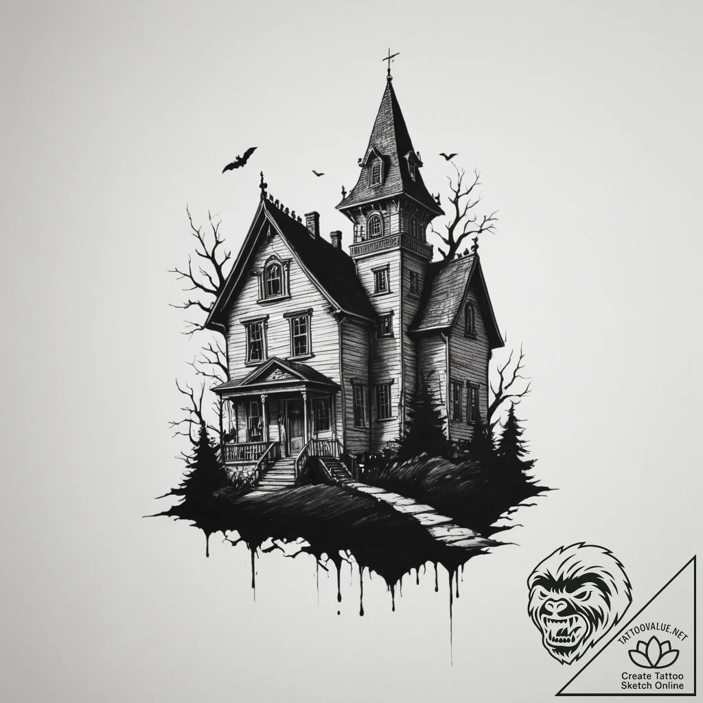 A haunted house silhouette - tattoo sketch (№1755391081_0, 17.08.2025 00:38) — tattoovalue.net