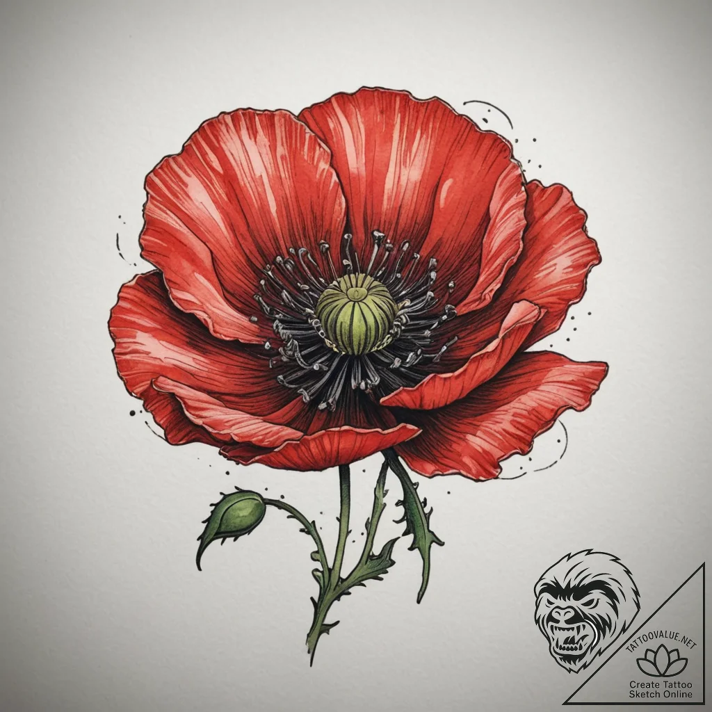 Tattoo sketch a vibrant poppy, with bold wate... - tattoo sketch (№1755393258_0, 17.08.2025 01:14) — tattoovalue.net