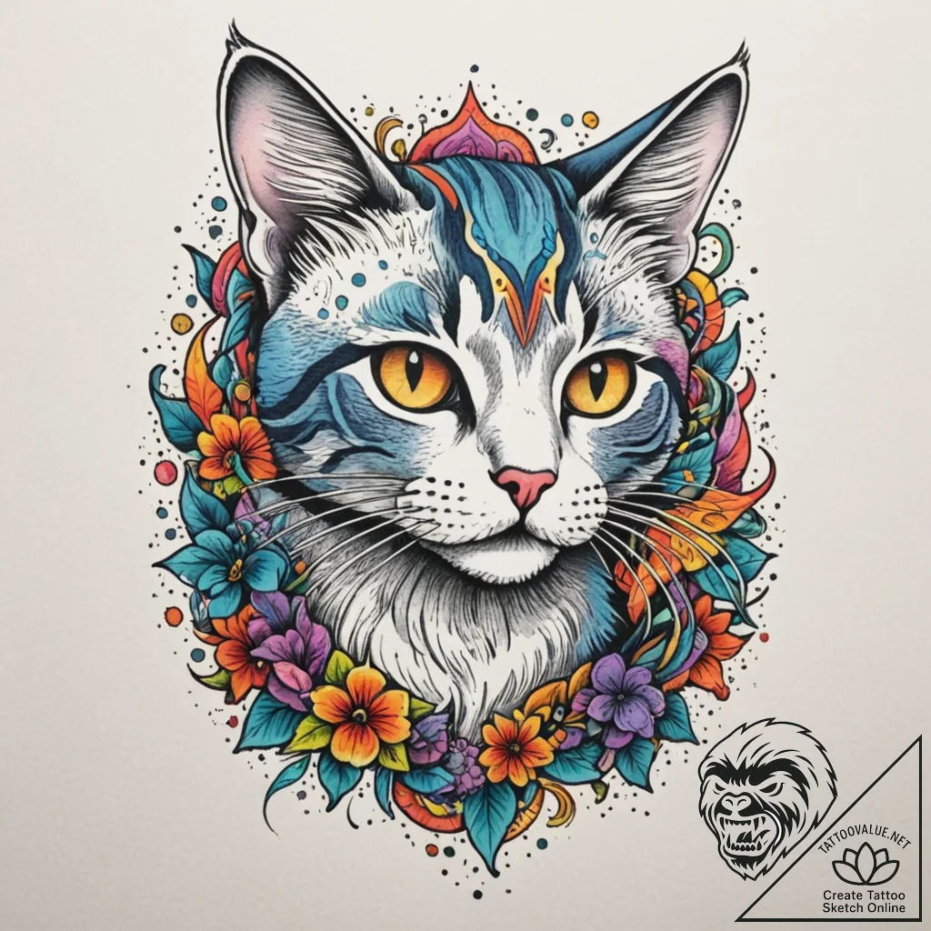 Cat, tattoo flash sheet design, new school ta... - tattoo sketch (№1755394454_0, 17.08.2025 01:34) — tattoovalue.net