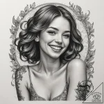 Candid photograph of a young woman laughing h… – tattoo sketch (№1755395052_0, 17.08.2025 01:44) — tattoovalue.net