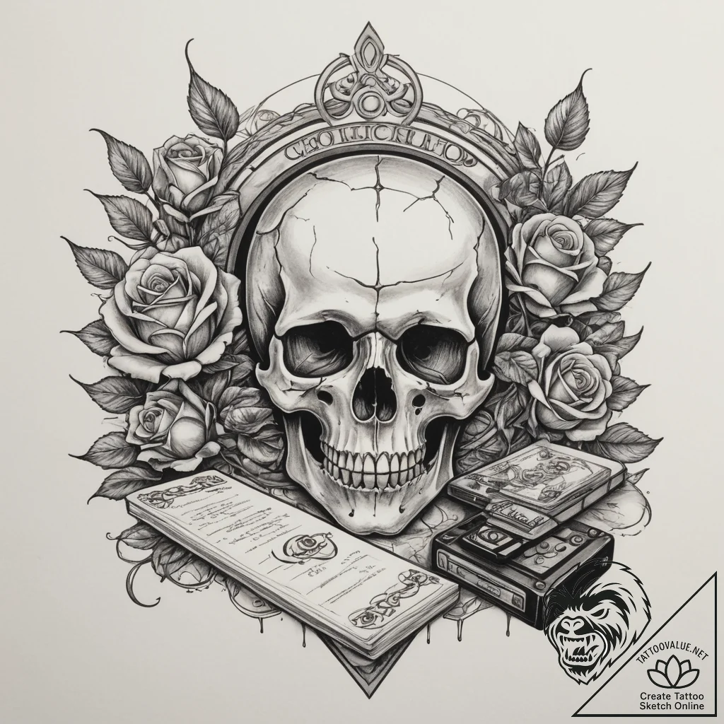 Tattoo sketch a gaming desk with a messy but... - tattoo sketch (№1755396443_0, 17.08.2025 02:07) — tattoovalue.net