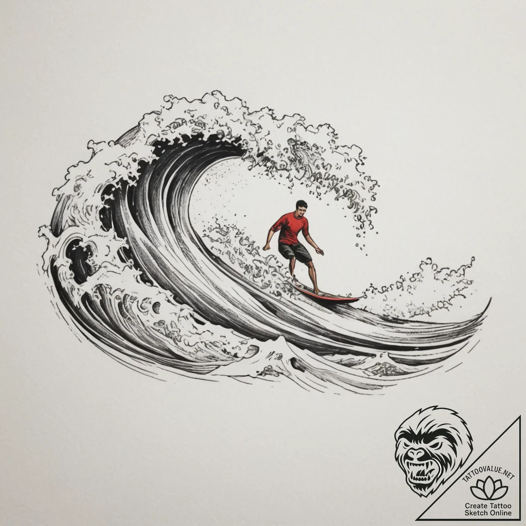 A surfer riding a massive, curling wave., tat... - tattoo sketch (№1755400076_0, 17.08.2025 03:07) — tattoovalue.net