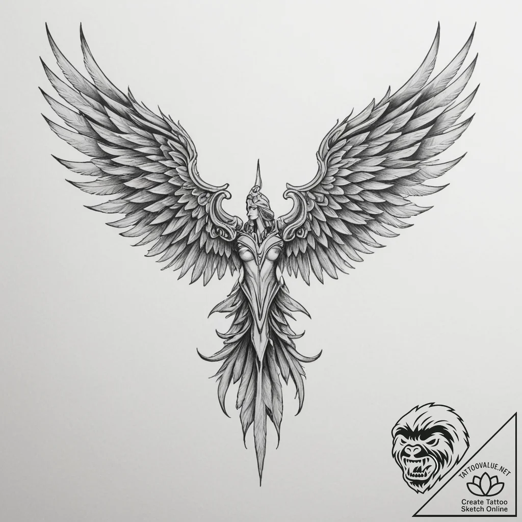 Tattoo design a valkyrie-inspired wing, stron... - tattoo sketch (№1755400473_0, 17.08.2025 03:14) — tattoovalue.net