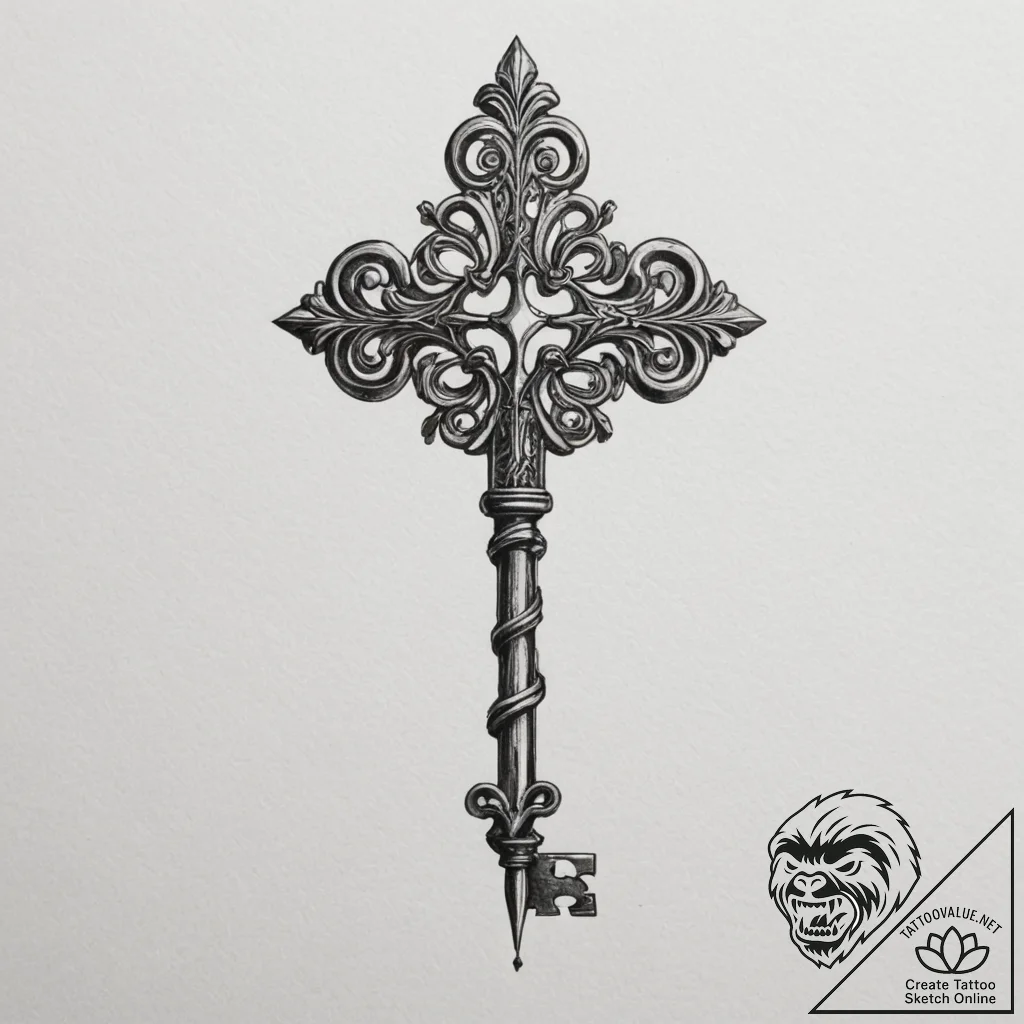 Tattoo sketch a single, ancient key with intr... - tattoo sketch (№1755401067_0, 17.08.2025 03:24) — tattoovalue.net