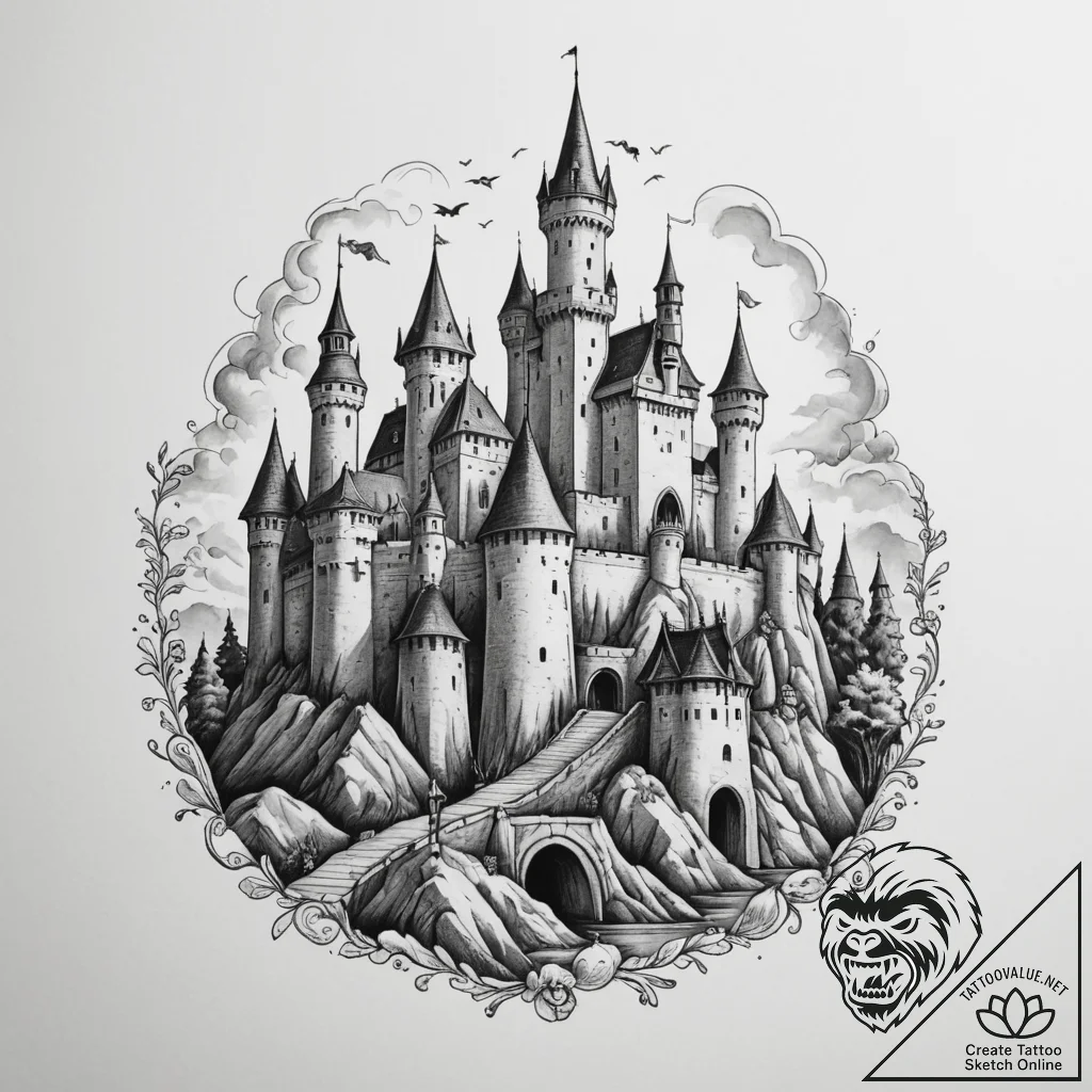 Tattoo design a medieval village with a castl... - tattoo sketch (№1755404426_0, 17.08.2025 04:20) — tattoovalue.net