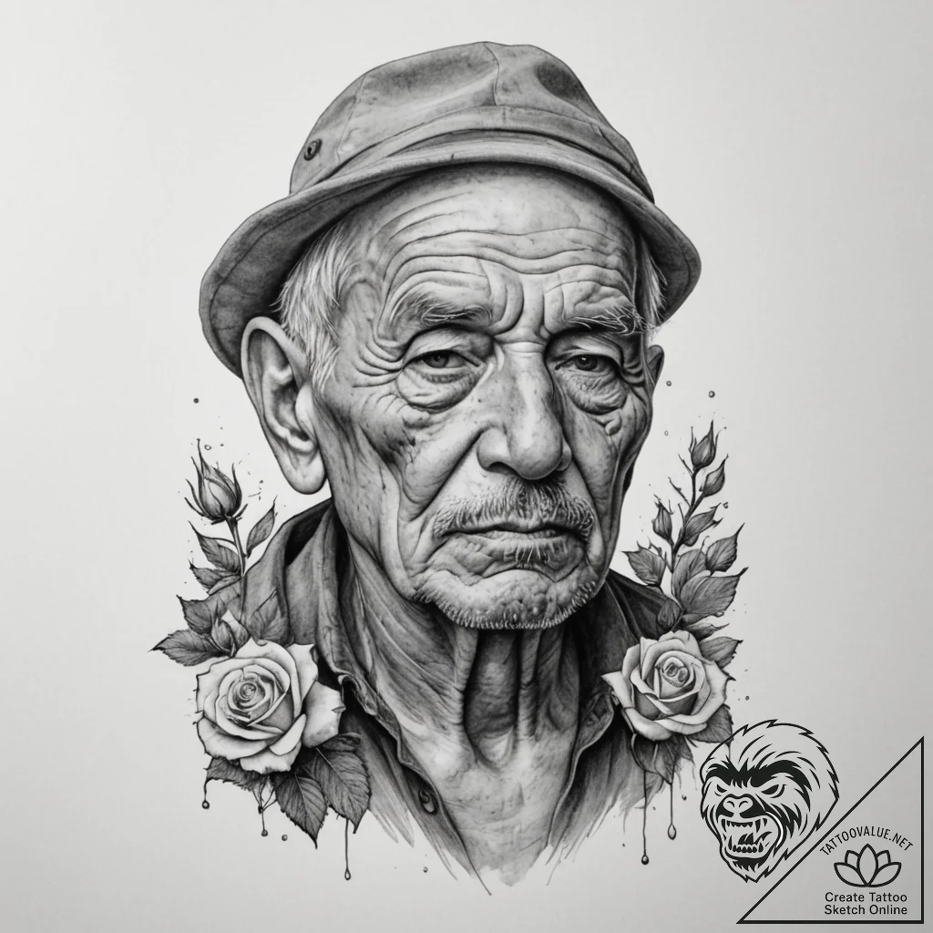 A hyperrealistic portrait of an elderly fishe... - tattoo sketch (№1755406407_0, 17.08.2025 04:53) — tattoovalue.net