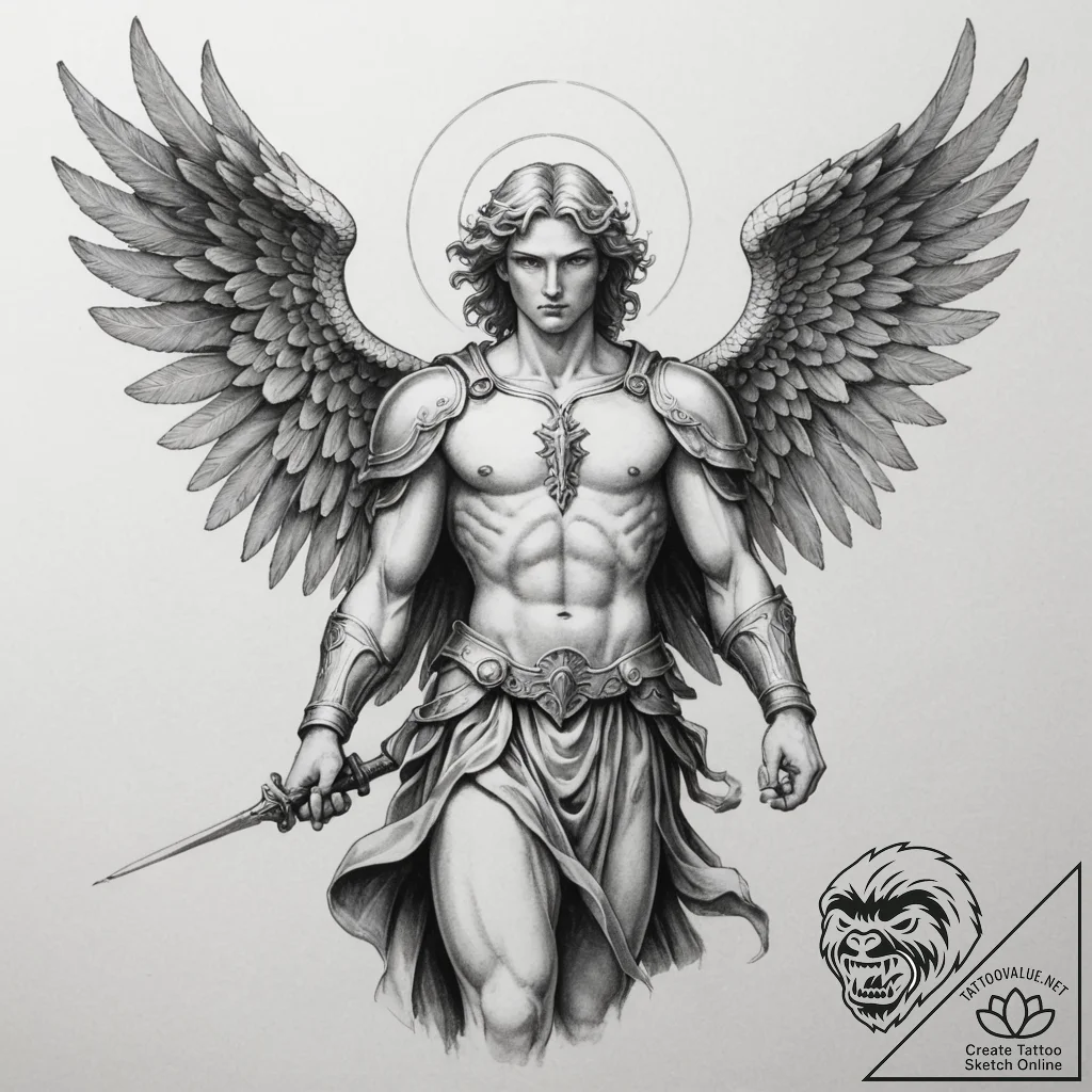 Archangel michael, tattoo sketch design, sket... - tattoo sketch (№1755407198_0, 17.08.2025 05:06) — tattoovalue.net