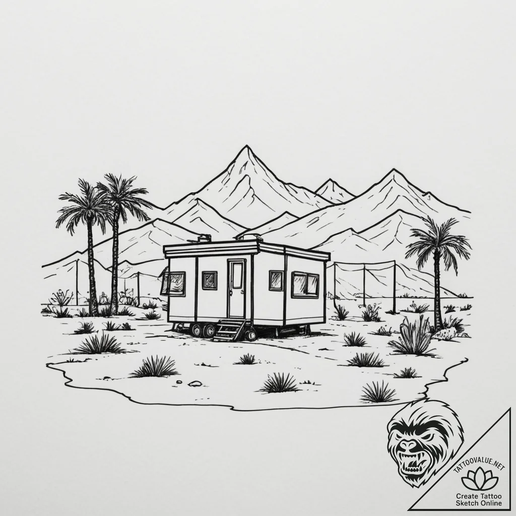 A shot of a mobile home park in the desert.,... - tattoo sketch (№1755407792_0, 17.08.2025 05:16) — tattoovalue.net