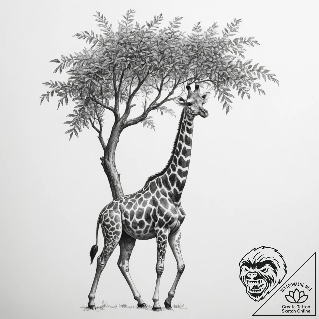 A giraffe gracefully eating leaves from a tal... - tattoo sketch (№1755410366_0, 17.08.2025 05:59) — tattoovalue.net