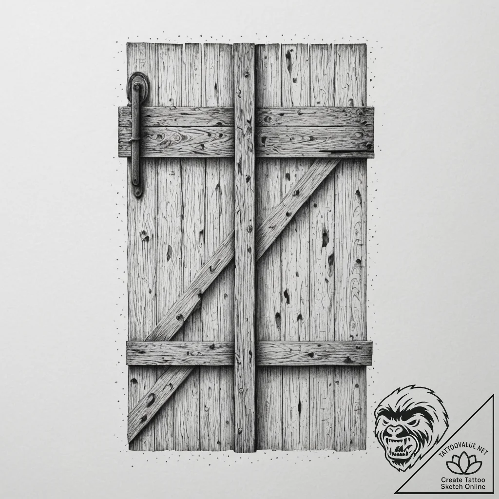 A shot of an old, weathered barn door with a... - tattoo sketch (№1755410762_0, 17.08.2025 06:06) — tattoovalue.net