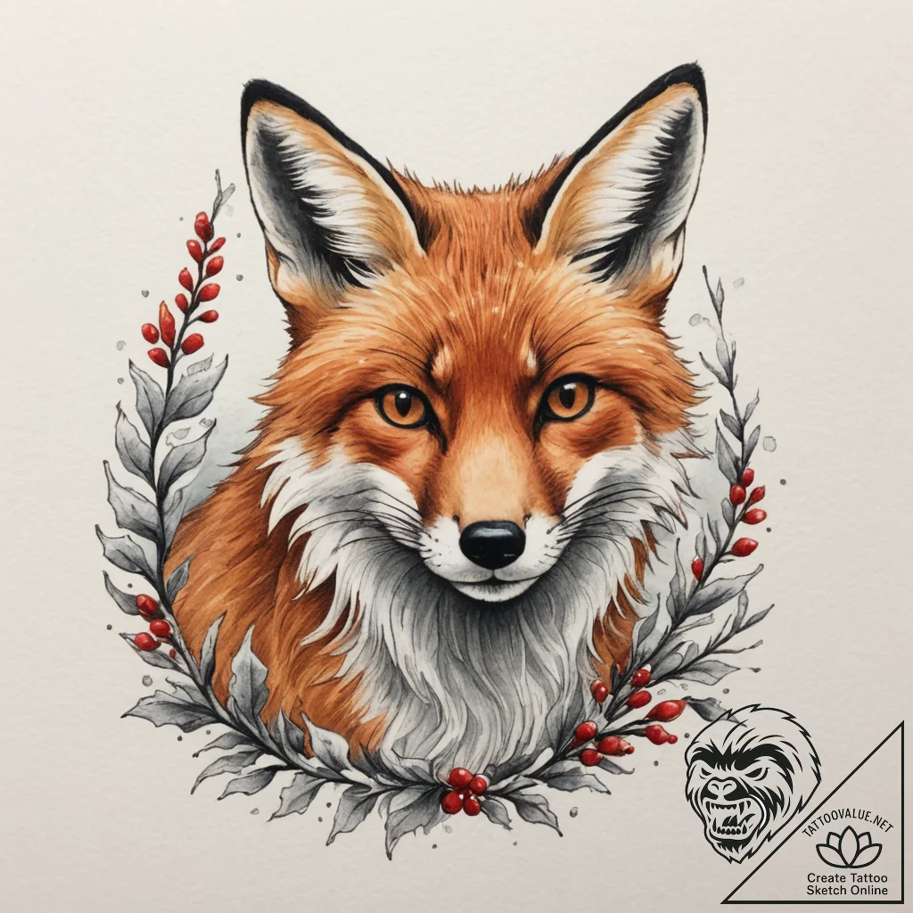 A red fox cautiously peeking out from behind... - tattoo sketch (№1755412932_0, 17.08.2025 06:42) — tattoovalue.net