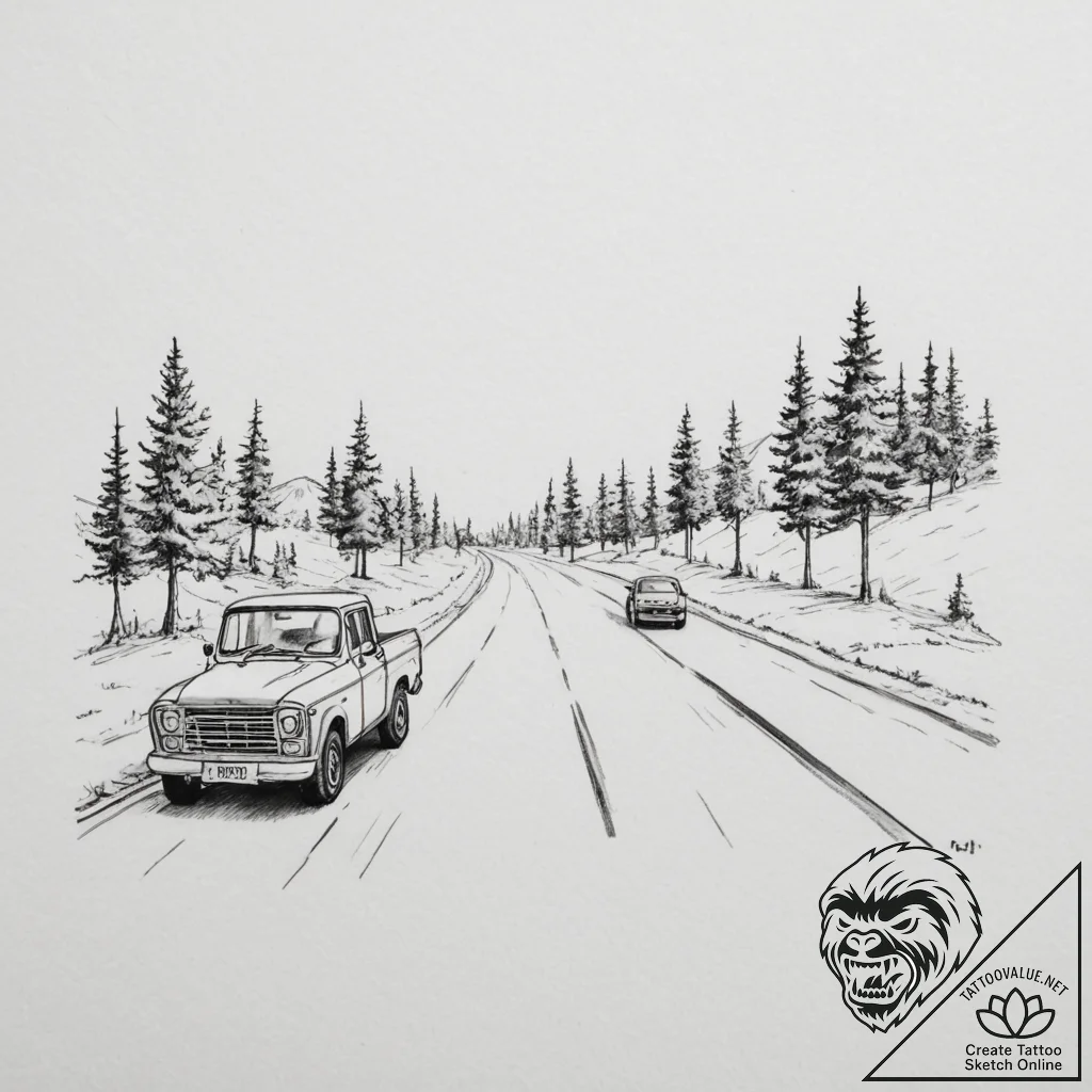 A shot of a road crew laying fresh asphalt.,... - tattoo sketch (№1755413327_0, 17.08.2025 06:48) — tattoovalue.net