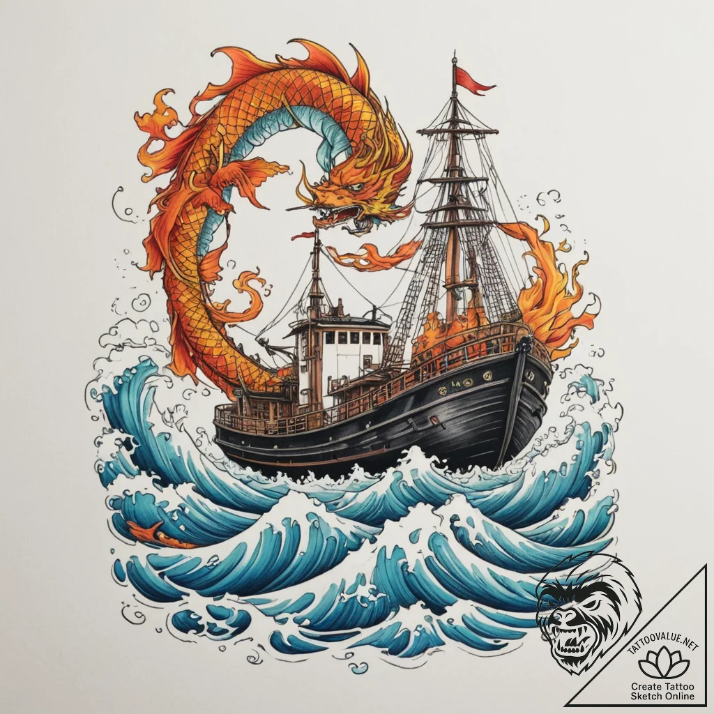 A shot of a tugboat guiding a large ship into... - tattoo sketch (№1755413525_0, 17.08.2025 06:52) — tattoovalue.net