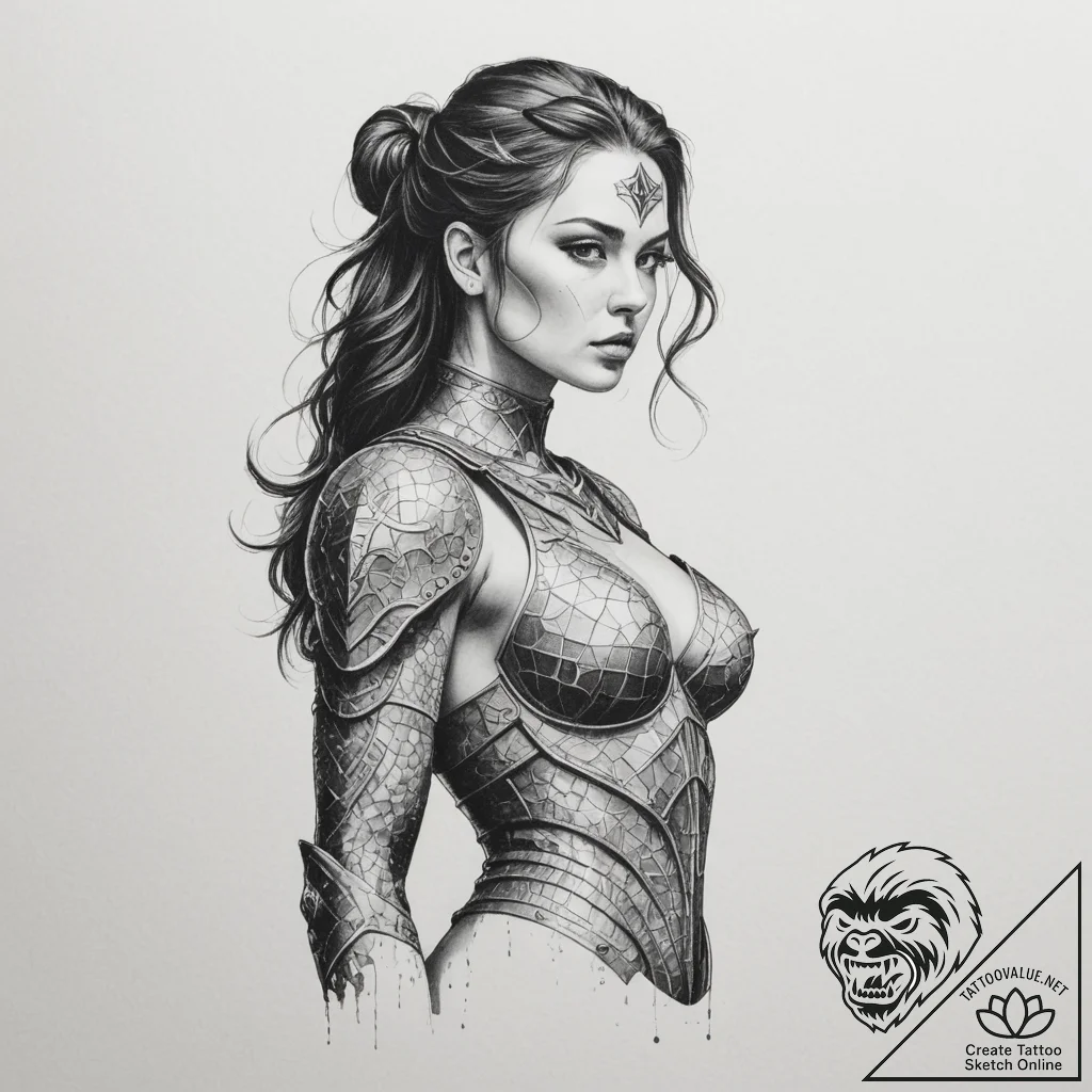Tattoo sketch a warrior woman's silhouette, e... - tattoo sketch (№1755414116_0, 17.08.2025 07:01) — tattoovalue.net